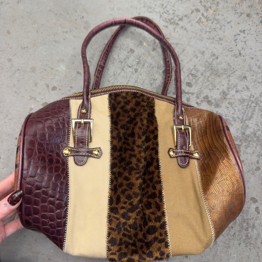 Maxx New York Mixed Leather Pony Hair Leopard Barrel Bag Brown Croc Embossed